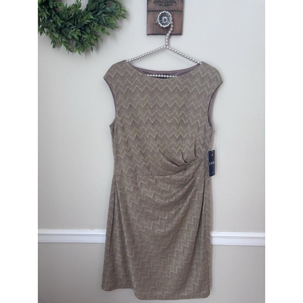 NWT Chaps Womens Size 14 Sleeveless Chevron Ruched Sheath Dress Gold Champagne